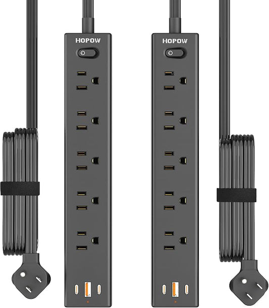 HOPOW Power Strip Surge Protector, 2 Pack, 10 Ft Ultra Thin Flat Extension Cord, Surge Protector with 5 Outlets & 3 USB Ports (2 USB C), 1700 Joules, 3-Prong, Wall Mount for Home Office Dorm, Black