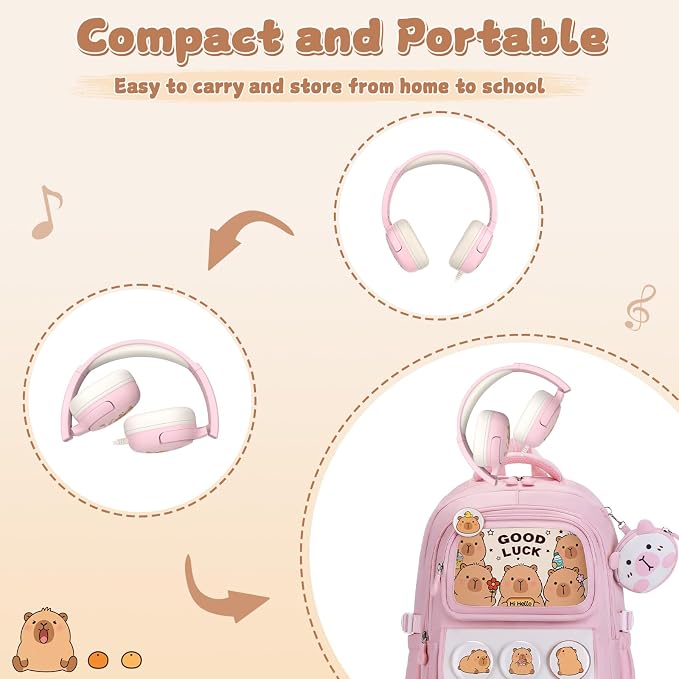Capybara Backpack for Girls with Headphones - 4PCS Girls Backpack for Kindergarten Elementary Middle High School Travel - 3.5mm Wired Headphones Backpacks Back to School Gift(Pink)