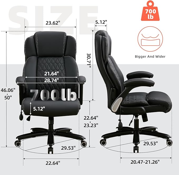 700lbs Big and Tall Office Chair - Heavy Duty Executive Desk Chair with Inflatable Lumbar Support, Extra Wide Padded Seat, Flip-up Arms, Metal Base & Quiet Rubber Wheels, High Back Ergonomic Chair