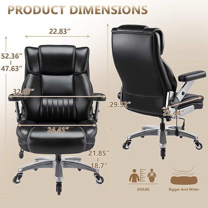 650LBS Large Heavy Duty Executive Office Chair with 5D Flip Arms and Pocket Spring Cushion, Ergonomic Big and Tall Desk Chair with Lumbar Support,High Back PU Leather Computer Chair