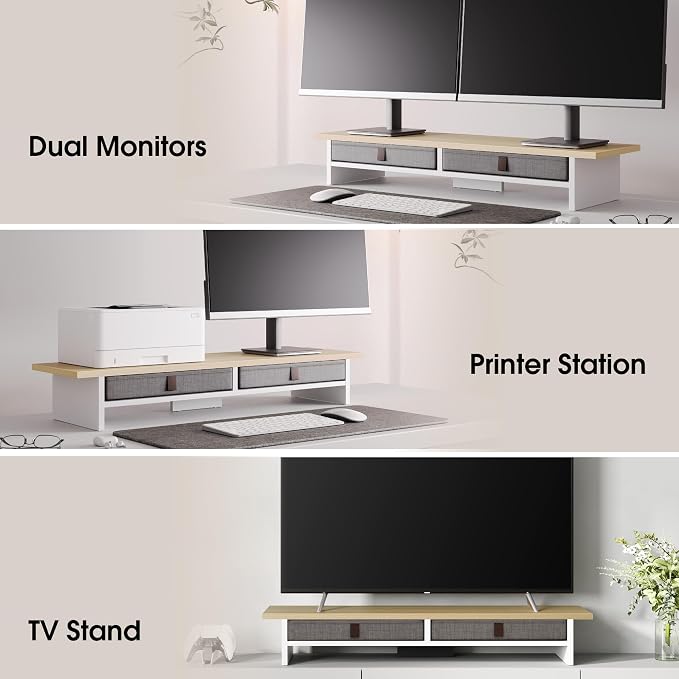 Fenge 35 Inch Monitor Stand with Drawer Storage, Computer Riser for Desk | Wooden Computer Shelf, 2 Tiers, for Dual Monitor/Laptop/PC/TV/Printer up to 55Lbs, Home Office Desk Organizer