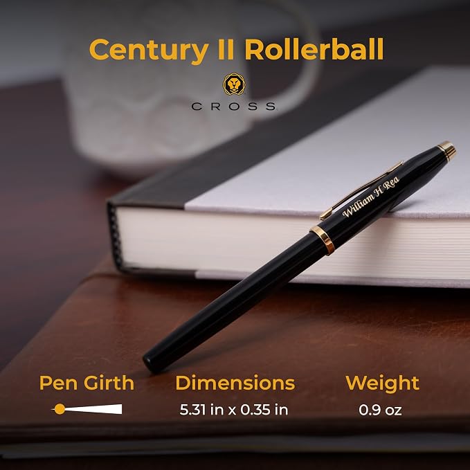 Cross Century II Engraved Capped Rollerball Pen, Black Lacquer with 23K Gold Trim, Gel Ink, Personalized Gift for Executives, Retirement, Board Members, Career Advancement, Cross Gift Box