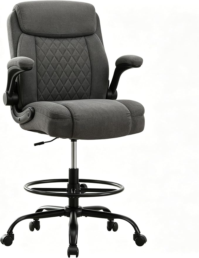 Drafting Chair Tall Office Chair for Standing Desk, Ergonomic Tall Desk Chair with Adjustable Foot Ring, Flip-Up Armrests, Lumbar Support, Swivel Rolling Task Chair for Home Office