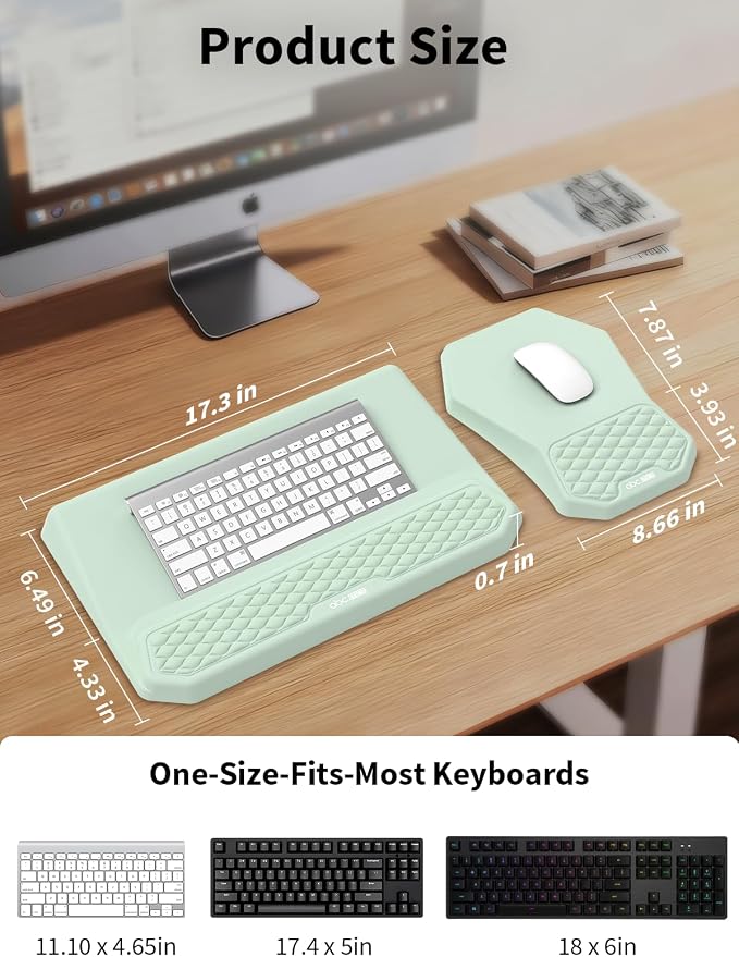 3-in-1 Ergonomic Keyboard Stand with Wrist Rest & Mouse Pad Set, Comfy Keyboard Riser Holder Soft Mousepad with Massage Design, Memory Foam and Non-Slip PU Base for Pain Relief, Light Green