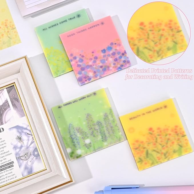 200 Sheets Transparent Sticky Notes, 3 x 3 Clear Self-Stick Note Glitter, Aesthetic Translucent Memo Pads, See Through Self-Adhesive Note for Office School (Multicolored Flower)