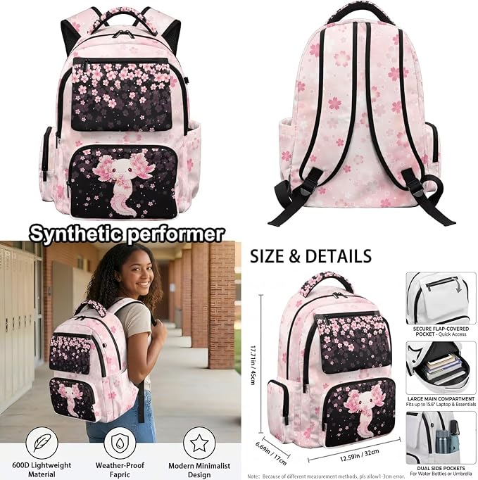 WELLFLYHOM Axolotl Cherry Blossom 17 Inch School Backpack for Kids 8-12 Girls Junior High Book Bag with Lunch Box Pencil Case Water Bottle Case Back to School Supplies