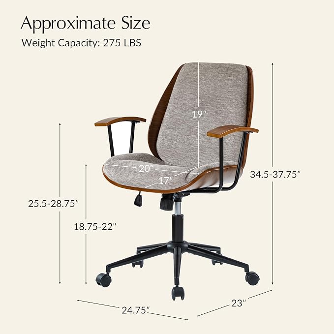 HULALA HOME Solid Wood Office Chair with Tilt Function & Metal Base, Tan | Mid Century Modern Desk Chair with Bent Wood Frame, 360° Swivel Fabric Computer Task Chair, Height Adjustable