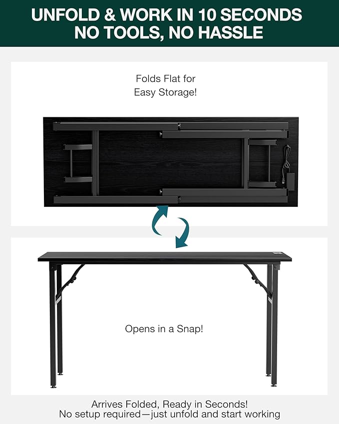 Frylr Small Folding Computer Desk – 55.1 Inch Portable Table for Craft and Study, Lightweight Desk for Small Spaces, Foldable Laptop Table Built-in AC/USB Outlets for Convenience, Dark Oak