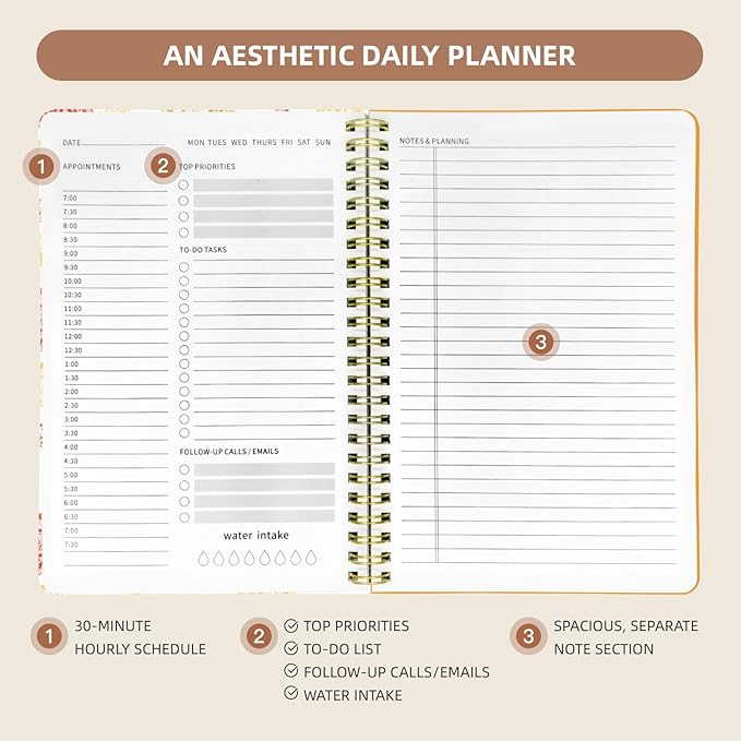 Stanoha Undated Daily Planner - Spiral Notebook 80 Days One Day Per Page, Hourly Schedule, To-Do List, Notes, Everyday Planning Task, A5 Hardcover Journal Organizer Book Women Cute Aesthetic, Fall
