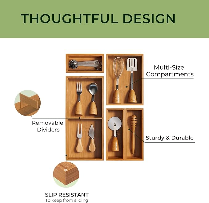 keechee 5-Piece Bamboo Drawer Organizer Set, 2.2" Deep Multi-Use Organizers for Utensils, Silverware, Cutlery, Desk, Bathroom, Junk Drawer & Makeup, Non-Slip Feet Included.