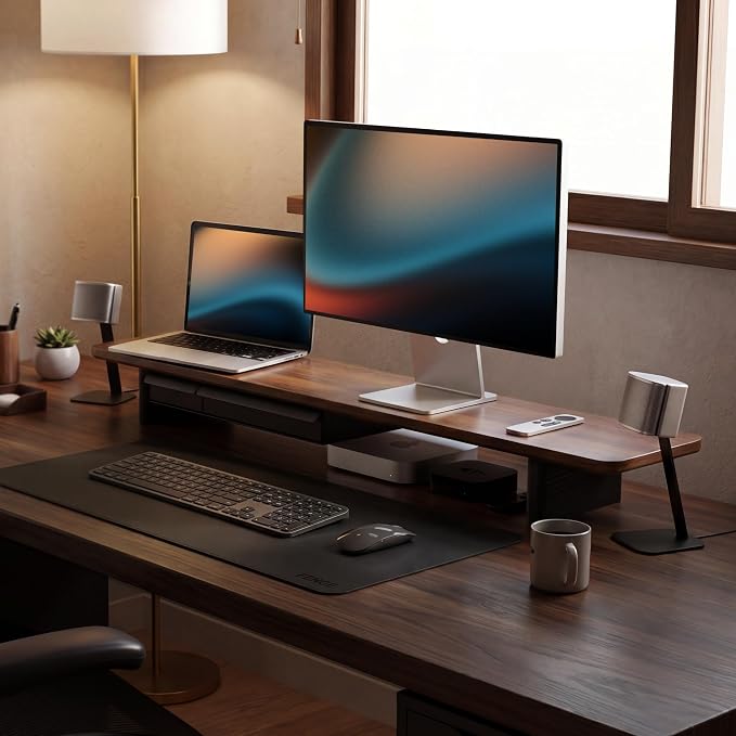 Fenge 42.5" Dual Monitor Stand with Storage Drawer & Solid Wood Legs, Brown | Modern Minimalist Design, Repositionable Metal Drawers, Wooden Desk Shelf for Home Office Workspaces