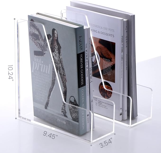 HeZone Magazine Holder, Clear Acrylic Desk Organizers, File Organizer for Desk, Magazine Rack- Desktop Book Storage -Independent Vertical 1 Space-2 Pack