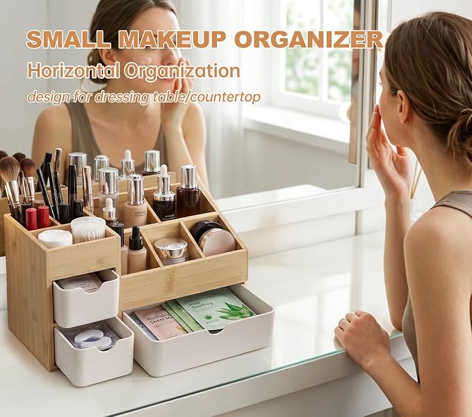 Bamboo Desktop Organizer with 3 Drawers, Drawer Tabletop Storage Organization Box for Home/Office, 3-Tier Makeup Vanity Organizer for Dresser Countertop, Detachable Divider