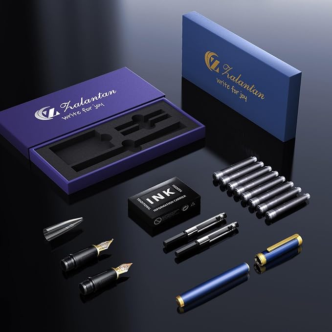 Fountain pen,Luxury pen,Nice pen gift pure copper heavy feel Office Executive Pen Smooth Writing Pens for Men Funcy Pens with Gift Case 10 black cartridges medium nib (Blue)