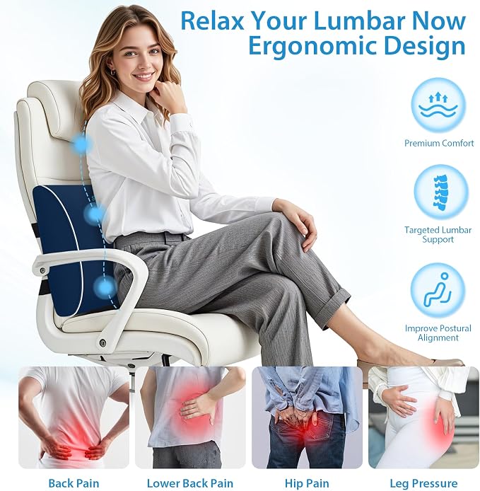 SweetSlubr Lumbar Support Pillow for Office Chair, Car Seats and Home Desks, Ergonomic Back Support with Double Adjustable Straps, Machine Washable Cover, Blue