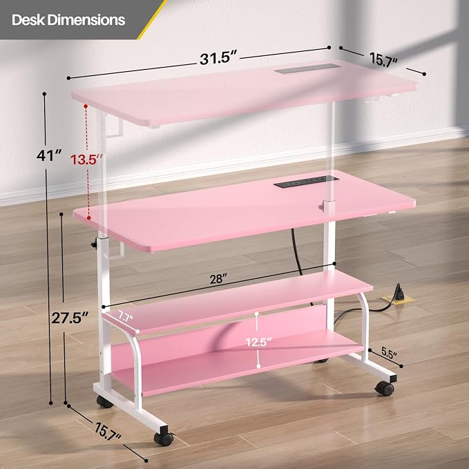 Armocity Rolling Standing Desk with Charging Station, Portable Height Adjustable Mobile Computer Desk with Wheels & 2-Tier Shelves & Hooks, Easy Assembly Laptop Table for Couch Bed, 32" Pink