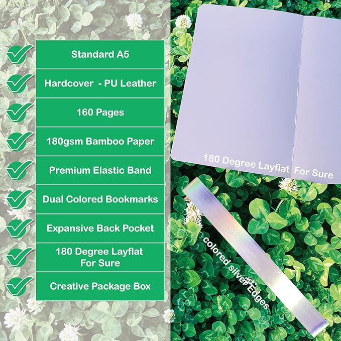 BUKE Dotted Notebook Journal 180GSM Bamboo Thick White Paper 160 Pages 5 * 5MM Dot Grid, Lay Flat Binding,Colored Silver Edges, Bookmarks and Expandable Back Pocket (BKP-7)