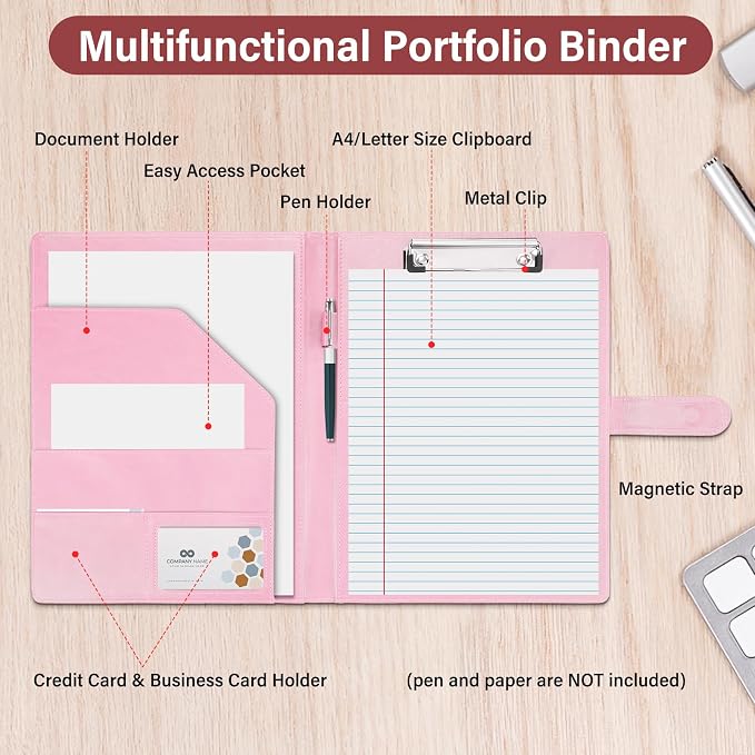 Professional Padfolio,Pink Faux Leather Portfolio Binder | Includes clipboard,business card holder and document storage for office,conference,interviews,resume papers and business use
