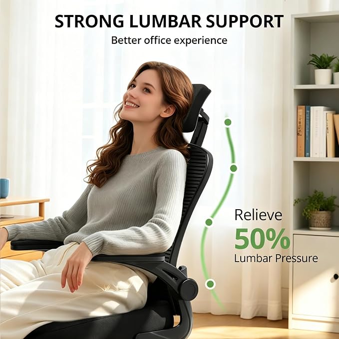 Office Chair Ergonomic Desk Chair, 330LBS Capacity, High Back Computer Chair for Long Hours Comfortable, Rolling Swivel Executive Task Chair for Home Office with Flip-up Armrests, Black Black-Chrome