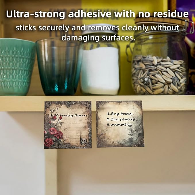 4-Pads 3x3 Sticky Notes, Vintage Memo Pads with High-Adhesive, Self-Stick Notes, Reusable & Tearable for Journal Planners Office School Home, Retro Stationery Gift - Gothic Rose