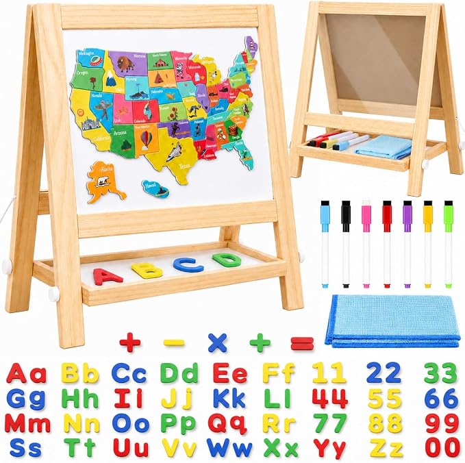 Magnetic Easel for Kids, Double-Sided LED Light Up Drawing Board Toddler | Wooden Tabletop Art Station with 7 Markers, US Map and Alphabet Number Magnets, Gift for Boys Girls 3-6