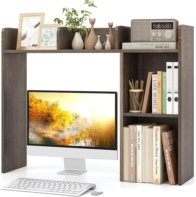 Tangkula Desktop Bookshelf, Countertop Storage Hutch with Shelves for Computer Desk, Desk 3-Tier Display Rack, Multipurpose Wood Desktop Hutch Storage Organizer for Dorm Office