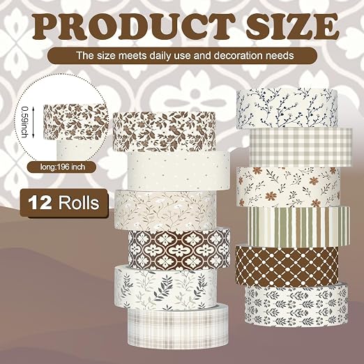 12 Rolls Watercolor Floral Washi Tape Set 15 mm Vintage Flower Decorative Masking Tape for Summer School Arts DIY Craft Scrapbook Journal Supplies Gifts(Vintage,Neutral)