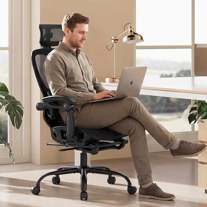 MALOL Ergonomic Mesh Office Chair with Footrest, Executive High Back Computer Desk Chair with 3D Adjustable Headrest & 5-Level Lumbar Support, Track Armrest, Tilt Lock, 300LBS, Black