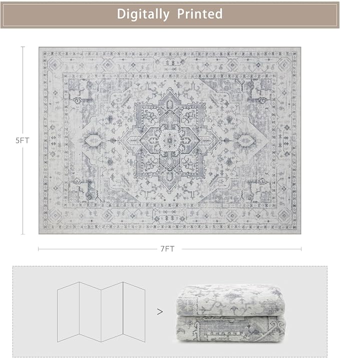 Srugn Area Rugs 5x7 Washable Area Rugs for Living Room- Ultra Soft Non-Shedding Faux Wool Bedroom Rug Grey Vintage Print Rugs Non Slip Dining Room Rugs Large Floor Carpet for Farmhouse Home Office
