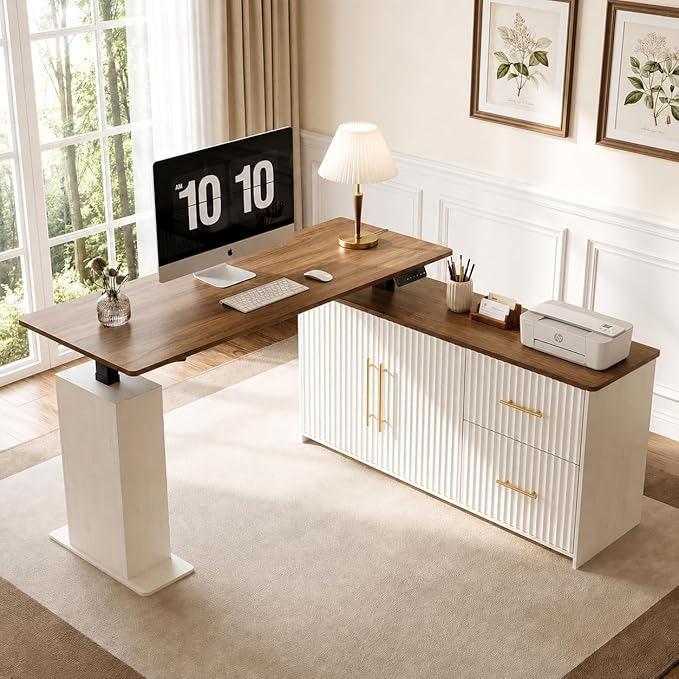 NORTHSKY 55" L Shaped Electric Standing Desk with Drawers and Storage Cabinet, Adjustable Height Corner Desk for Home Office, Brown Wood Grain and Distressed White Fluted Design