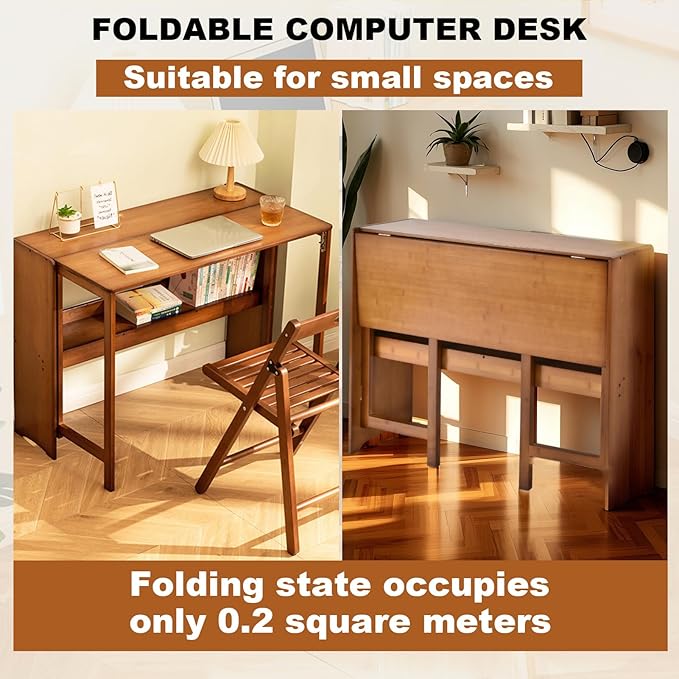 41" Bamboo Folding Desk with Bookshelf, Folding Bamboo Desk for Small Spaces, Computer Table Space Saving, Wooden Desks for Home Bedroom Study Office Bamboos Writing Desks, Brown
