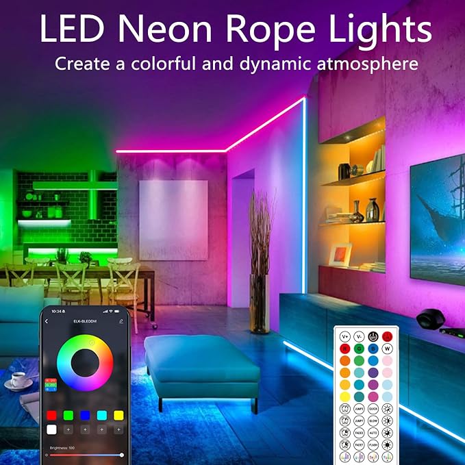 32.8FT RGB Rope Lights,Flexible Led Neon Light Control with App/Remote,Multiple Modes,IP65 Outdoor Waterproof,Music Sync Strip for Bedroom