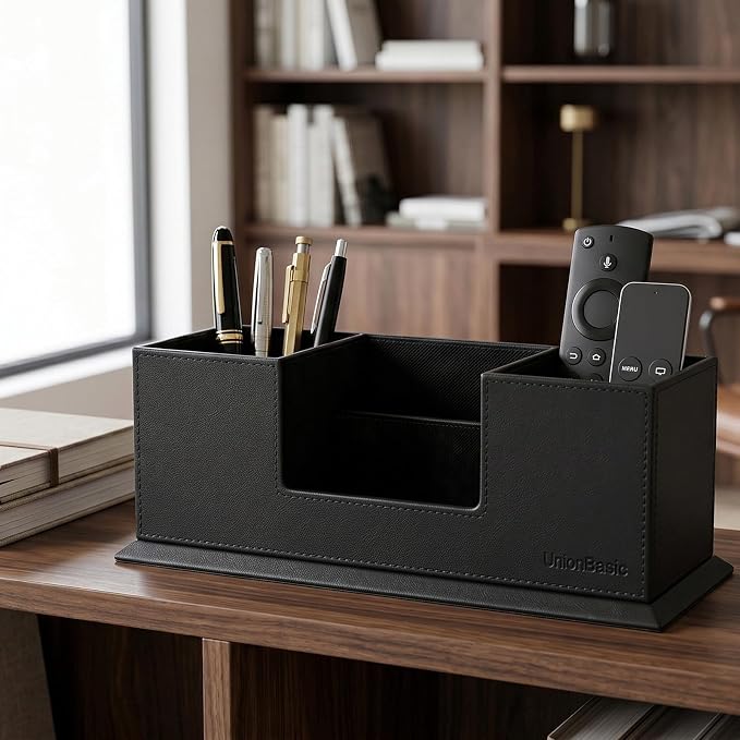 UnionBasic Desk Organizer, Desktop Caddy Leather Multi-compartment Pen Holder Office Stationer Organizer, Black