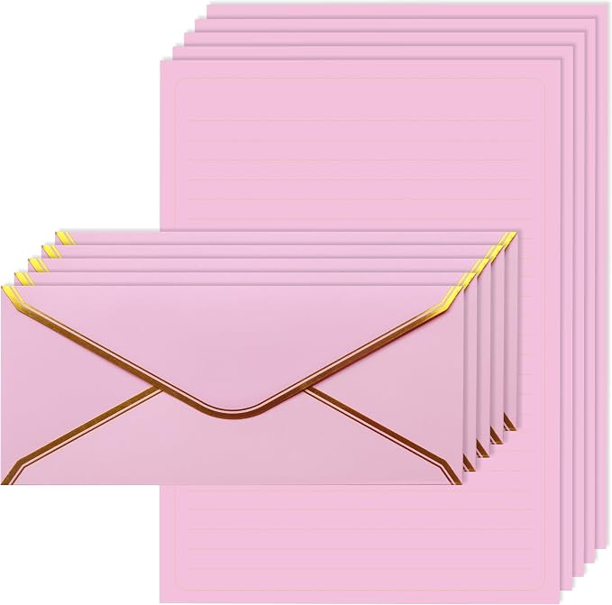 J6&H6 Gold Thread Stationary Paper and Envelopes Set Including 12 Standard Sized Phnom Penh Envelopes and 24 Sheets of Lined Paper Suitable for Daily Emotional Expression Formal Communication(Pink)