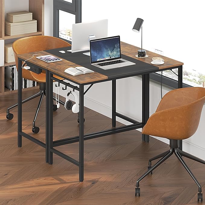 HOOBRO Computer Desk, Home Office Desk with Power Outlet, Modern Study Writing Desk with 3 Hooks for Study Room, Home Office, Sturdy and Stable, Easy to Assemble, Rustic Brown and Black BF40UDN01