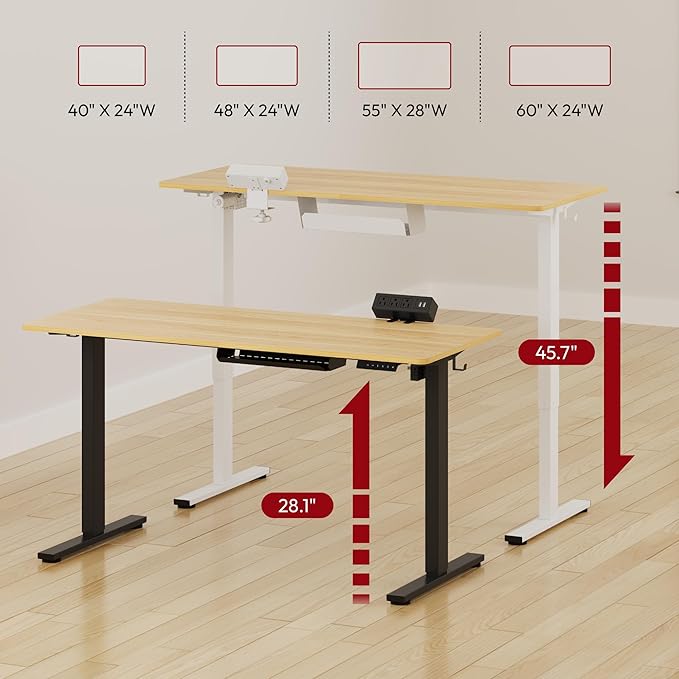 SANODESK Electric Standing Desk with Desk Clamp Power Strip 48"x 30" Whole-Piece Desktop Height Adjustable Stand Up Desk with Cable Management Sit Stand Home Office Desk White Frame/Maple Top