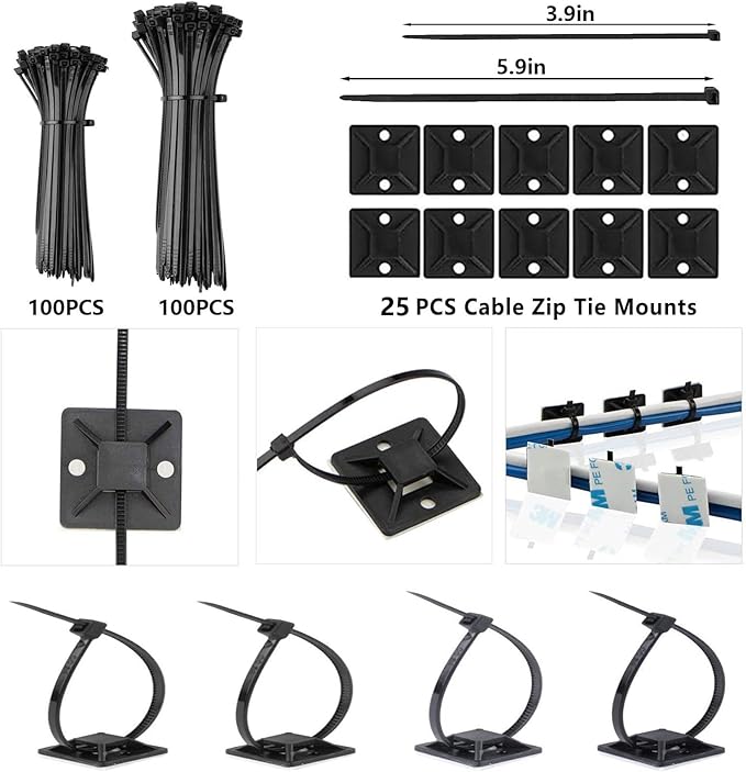 ELII 328Pcs Cable Management Kit, 8 Magnetic Cable Holder 69 Cable Clips | 4 Cable Sleeve Split,22Reusable Cable Strap,200 Nylon Cable Zip Ties ,25 Mounts TV Office,Nontoxic,Extra Strong Durable