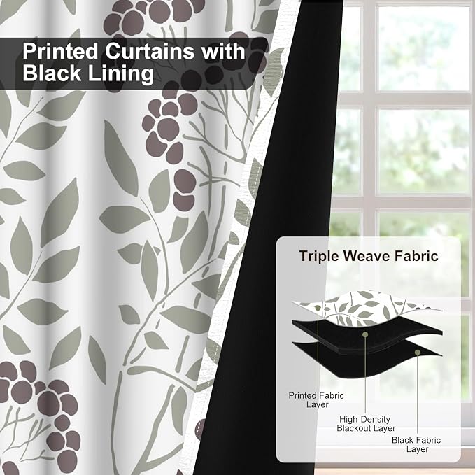 Blackout Curtains for Bedroom and Living Room, Farmhouse Thermal Insulated Room Darkening Drapes Soundproof Privacy Bedroom Curtains 2 Panel Sets, Leaves Print Black Out Curtains 84 Inch Long
