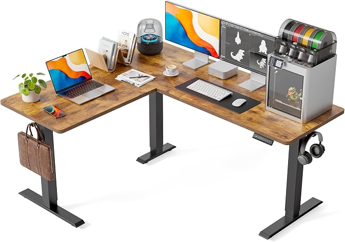 FEZIBO 63" x 55" L-Shaped Standing Desk - Adjustable Corner Desk L Shape, L-Shaped Adjustable Desk with Splice Board, L Shape Standing Desk, Rustic-Brown