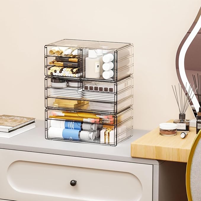 3Pack Clear Drawer Organizers Stackable,Acrylic Storage Drawers With 10 Drawers,Multipurpose Office Supply Organizer and Makeup Organizer for Beauty,Craft,Pen,Medical,Stationary Desk Organizers