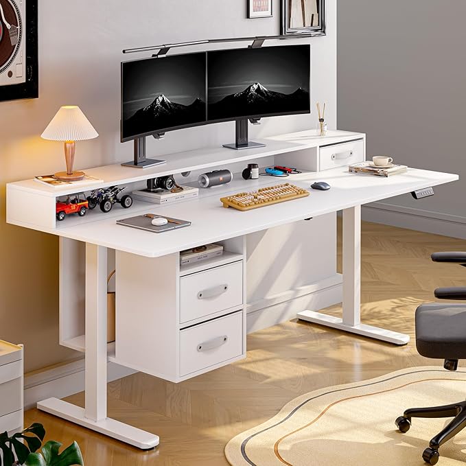 ONBRILL Standing Desk with Drawers, 55x24 Inch Electric Stand Up Desk with 3 Drawers and Open Storage Shelf, Adjustable Height 28-46 Inches for Home and Computer Workstation, White