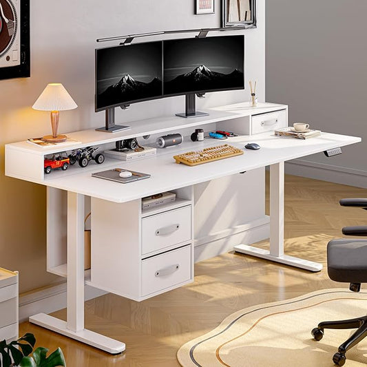 ONBRILL Standing Desk with Drawers, 55x24 Inch Electric Stand Up Desk with 3 Drawers and Open Storage Shelf, Adjustable Height 28-46 Inches for Home and Computer Workstation, White