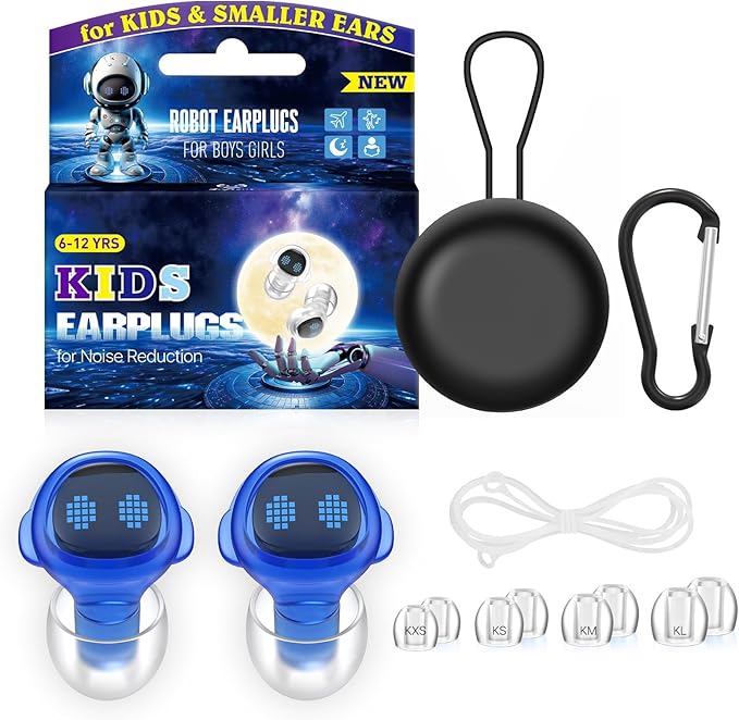 Kids Ear Plugs for 6-12 Yrs with Lanyard, 26dB Reusable Noise Relief Earplugs for Child/Adult with Tiny Ear, Hearing Protection for Noise Sensitivity, Socializing, Sleep, Focus, 4 Sizes Tips in XS-L,B