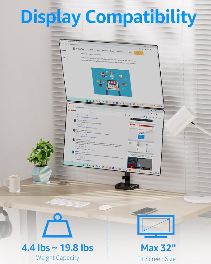 MOUNTUP Vertical Dual Monitor Mount Holds 4.4-17.6lbs, up to 32 Inch Stacked Monitor Mount with Gas Spring Arm with Clamp/Grommet Base, Dual Monitor Stand for Desk, For Home Office, VESA 75x75/100x100