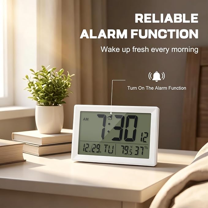 Digital Wall Clock Battery Operated with LCD Display, 6.5” Small Digital Clock with Seconds/Temperature/Humidity/Snooze - 12/24H, Digital Alarm Clocks for Bedrooms, Living Room, Office, Gym