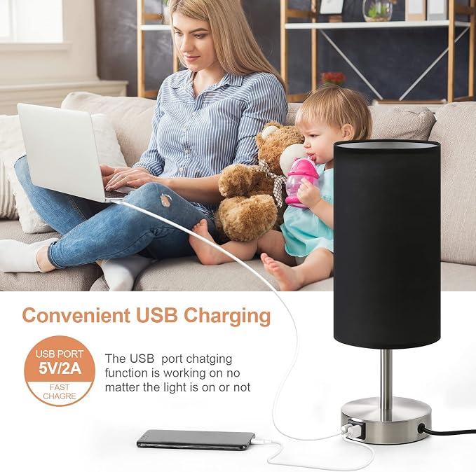 Bedside Lamp with USB Port - Touch Control Table Lamp for Bedroom Wood 3 Way Dimmable Nightstand Lamp with Round Black Shade for Living Room, Dorm, Home Office (LED Bulb Included) (Blacl2)