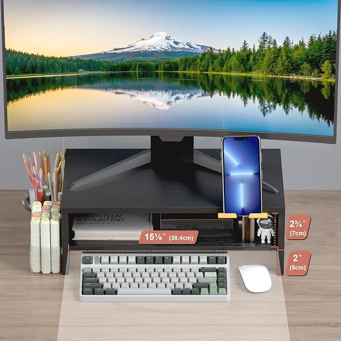 TEAMIX 2 Tiers Wood Monitor Stand Riser with Phone Holder & Side Pen Holder | Black Desk Organizer, 15.7L x 9.5W x 5.7 inch, Holds 80 lbs, Laptop/PC/Printer Stand, Ergonomic Design, Home Office Supplies
