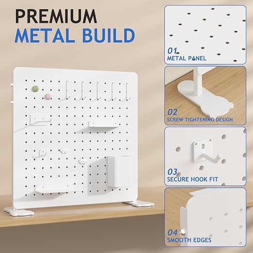 White Metal Desk Pegboard Organizer, 15.75 in with Hooks and Shelves | White metal desktop pegboard with support feet, hooks, shelves, storage cup and magnets for office, bedroom and craft storage