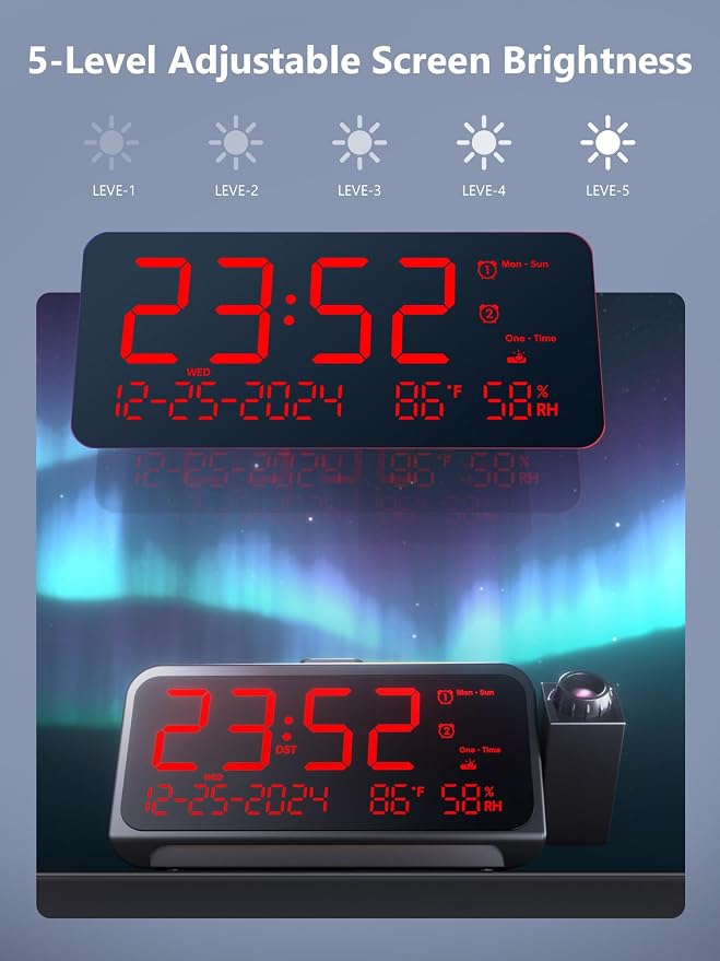 OnLyee Projection Clock for Bedroom Ceiling, Alarm Clock for Heavy Sleepers | 350° Red Projection, Red LED Display, Dual Alarms, 4 Alarm Modes, 5 Brightness Levels, Temp & Humidity, Snooze, USB Charging