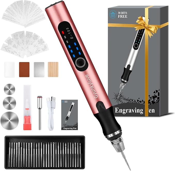 Upgraded Electric Engraving Pen, Wireless Engraving Pen Kit with 34 Bits & 3-Speed Adjust, Practice Materialse & Stencil, Rotary Tool for 60+ Surfaces Cordless Engraver Pen for Artists & DIY (Pink)
